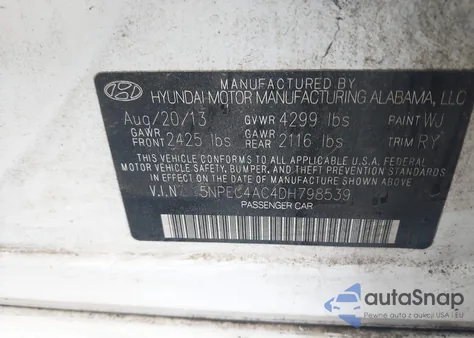 2013 Hyundai Sonata Se z USA, uszkodzony, nr VIN 5NPEC4AC4DH798539